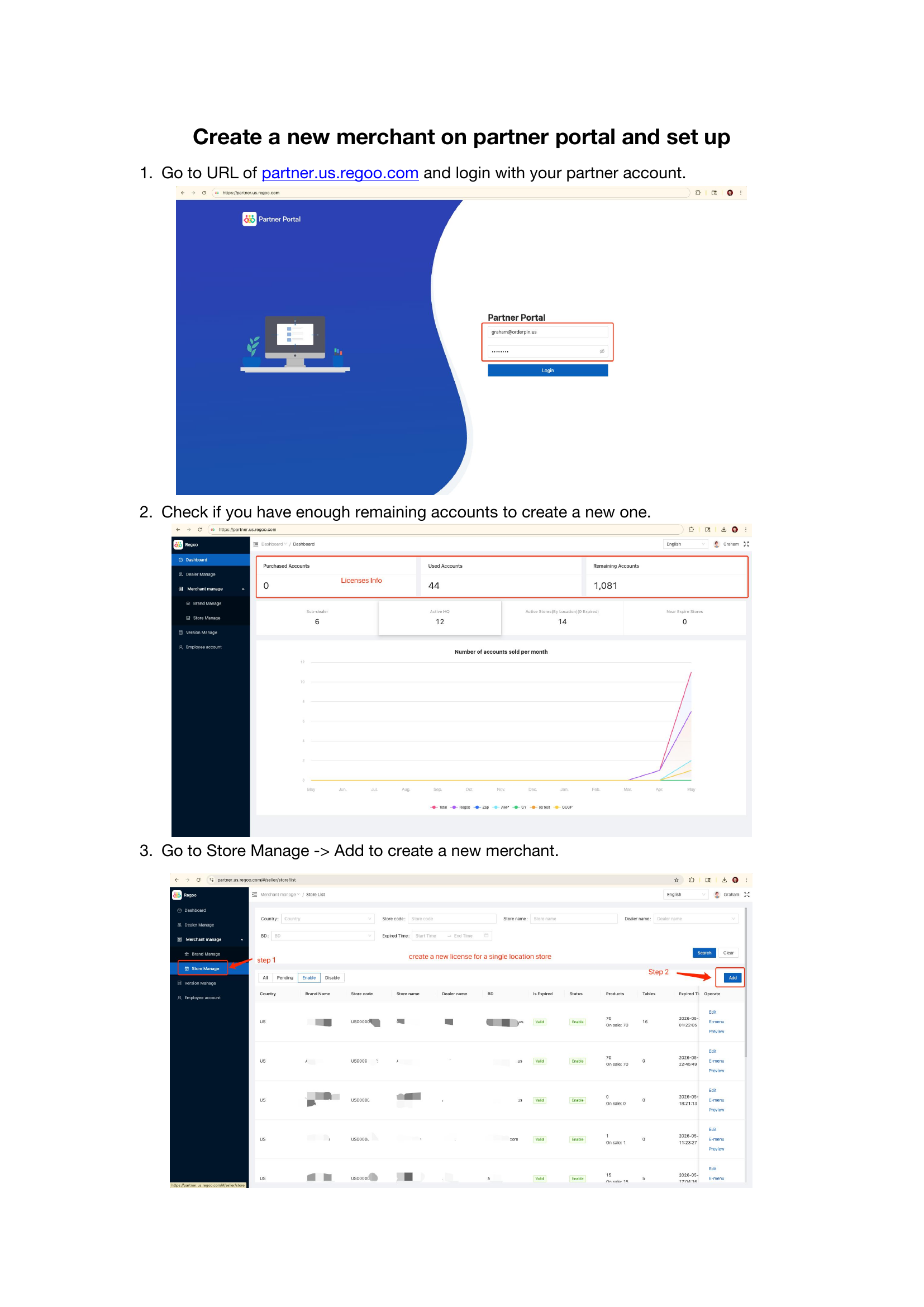 Partner Portal - Login, Dashboard, Store Manage