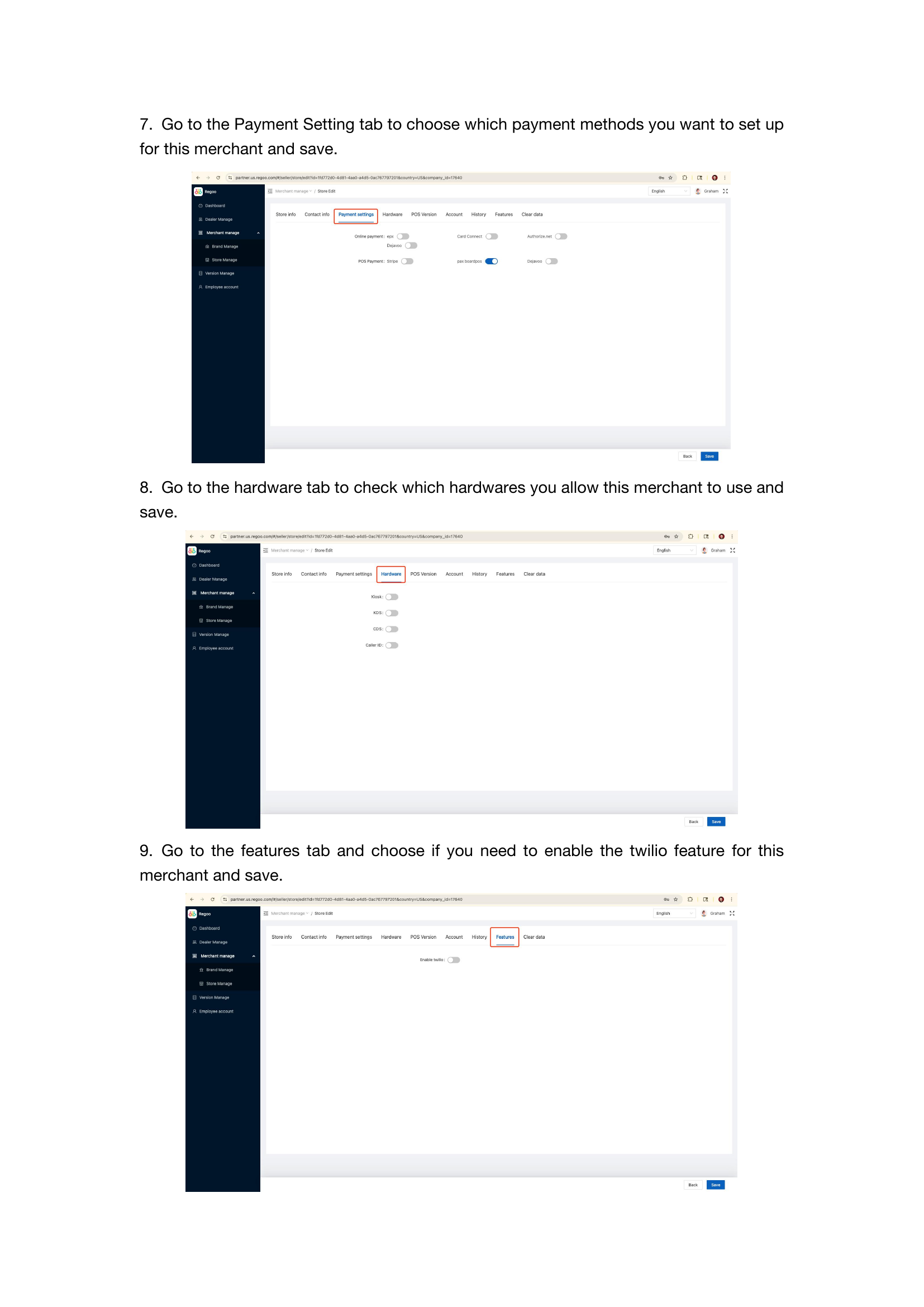 Partner Portal - Payment Settings, Hardware, Features